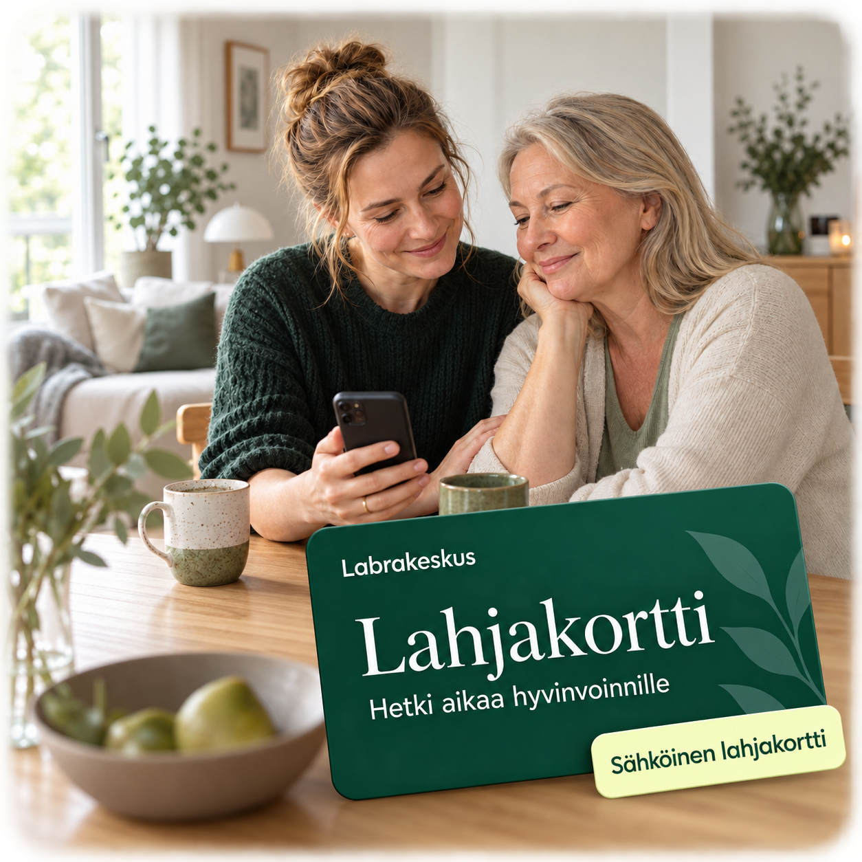 Kaksi läheistä puhelimen äärellä ja Labrakeskuksen sähköinen lahjakortti.