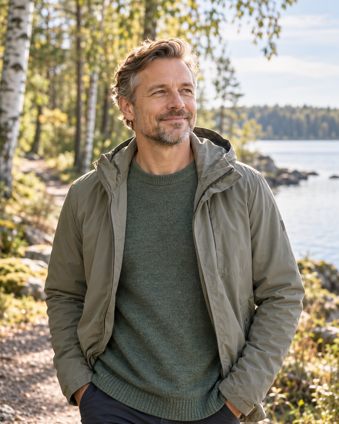 Mies nauttii raikkaasta ulkoilmasta järvenrantapolulla.